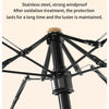 A close-up view of a black, wind-resistant skeleton umbrella with a protective capsule case.