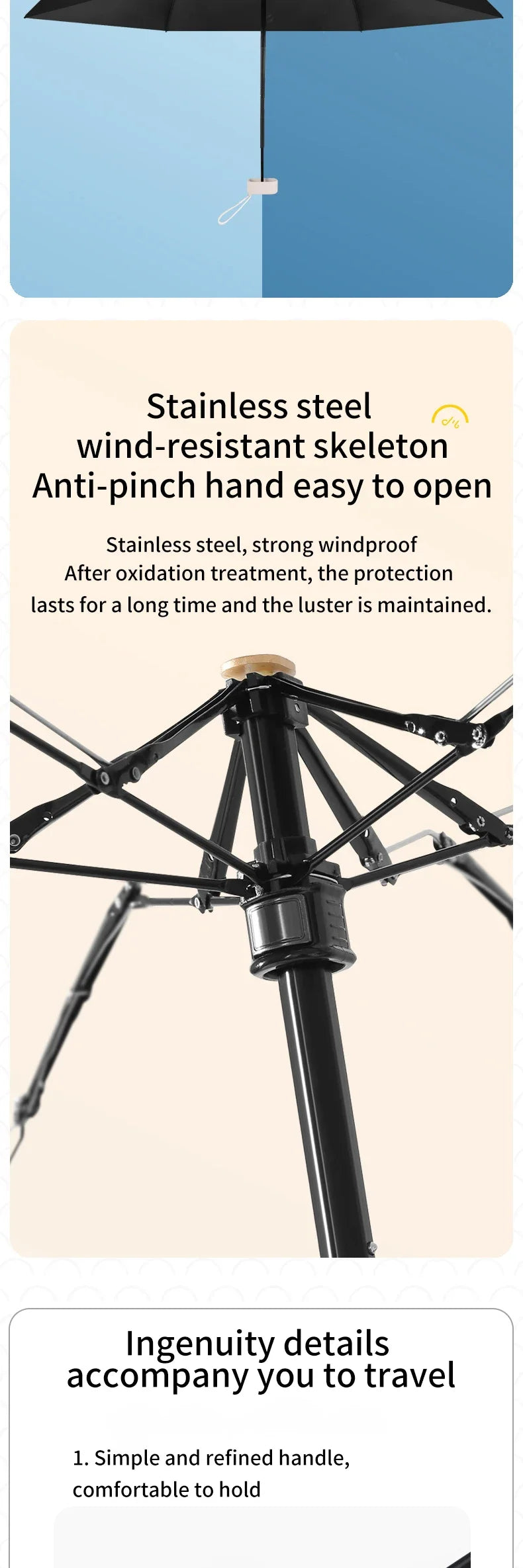 A close-up view of a black, wind-resistant skeleton umbrella with a protective capsule case.