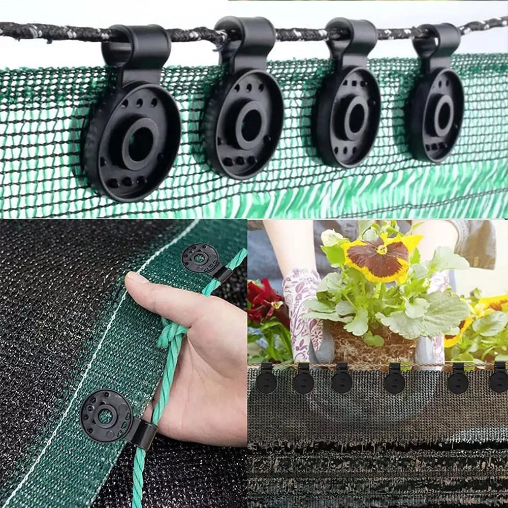 Black plastic clips used to fasten shade cloth or outdoor fabric to netting and fabric.