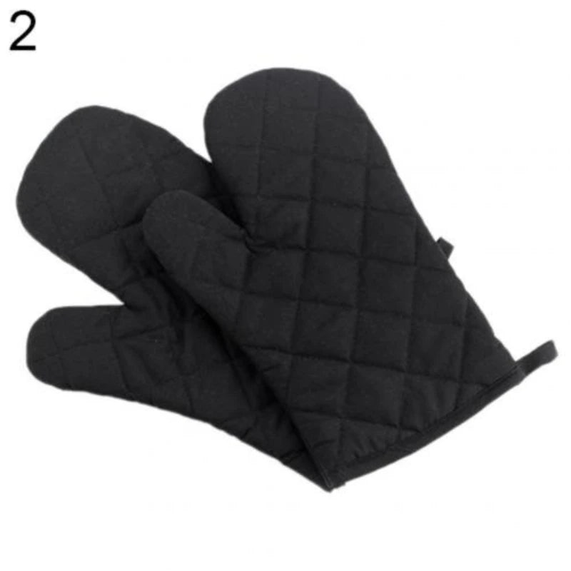 A pair of black quilted heat-resistant oven mitts shown from above.