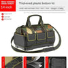Black tool kit bag with a thickened plastic bottom and camouflage fabric