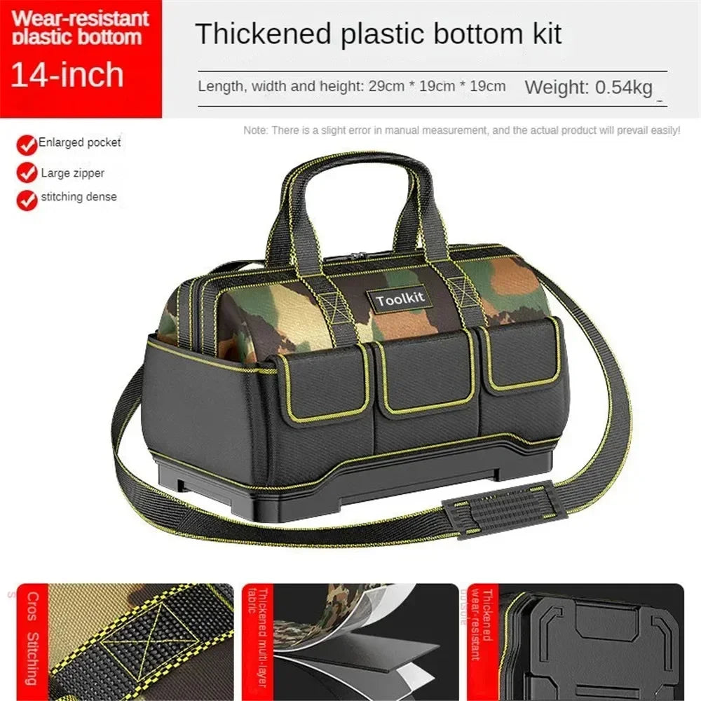 Black tool kit bag with a thickened plastic bottom and camouflage fabric