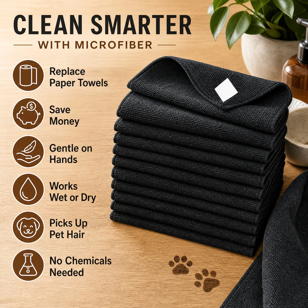A stack of black microfiber cleaning towels is shown next to various icons highlighting their benefits.