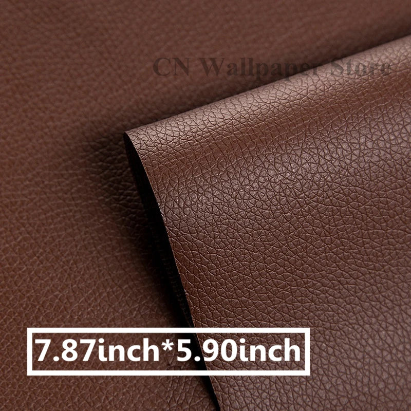 A close-up of a brown leather repair patch, showing the texture and dimensions 7.87 inch by 5.90 inch.