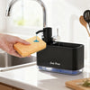 A hand is dispensing liquid dish soap from a black pump dispenser into a sink, with a sponge visible.