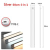 Silver 50cm 3 in 1 LED cabinet light with a Type-C connection and motion sensor.