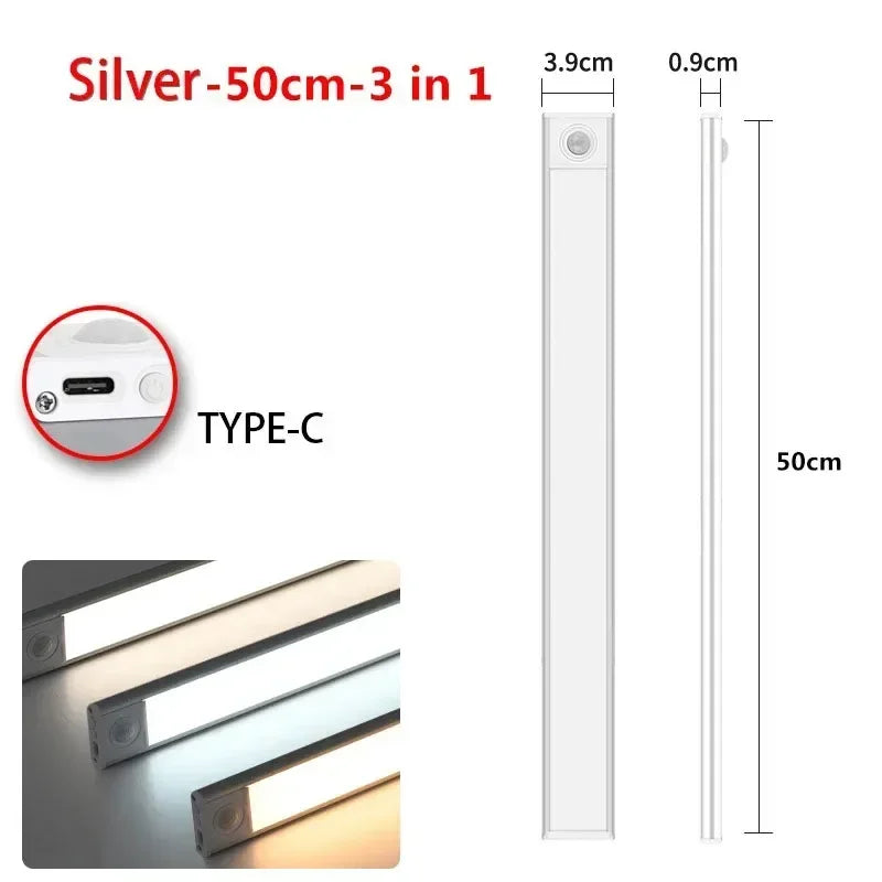 Silver 50cm 3 in 1 LED cabinet light with a Type-C connection and motion sensor.