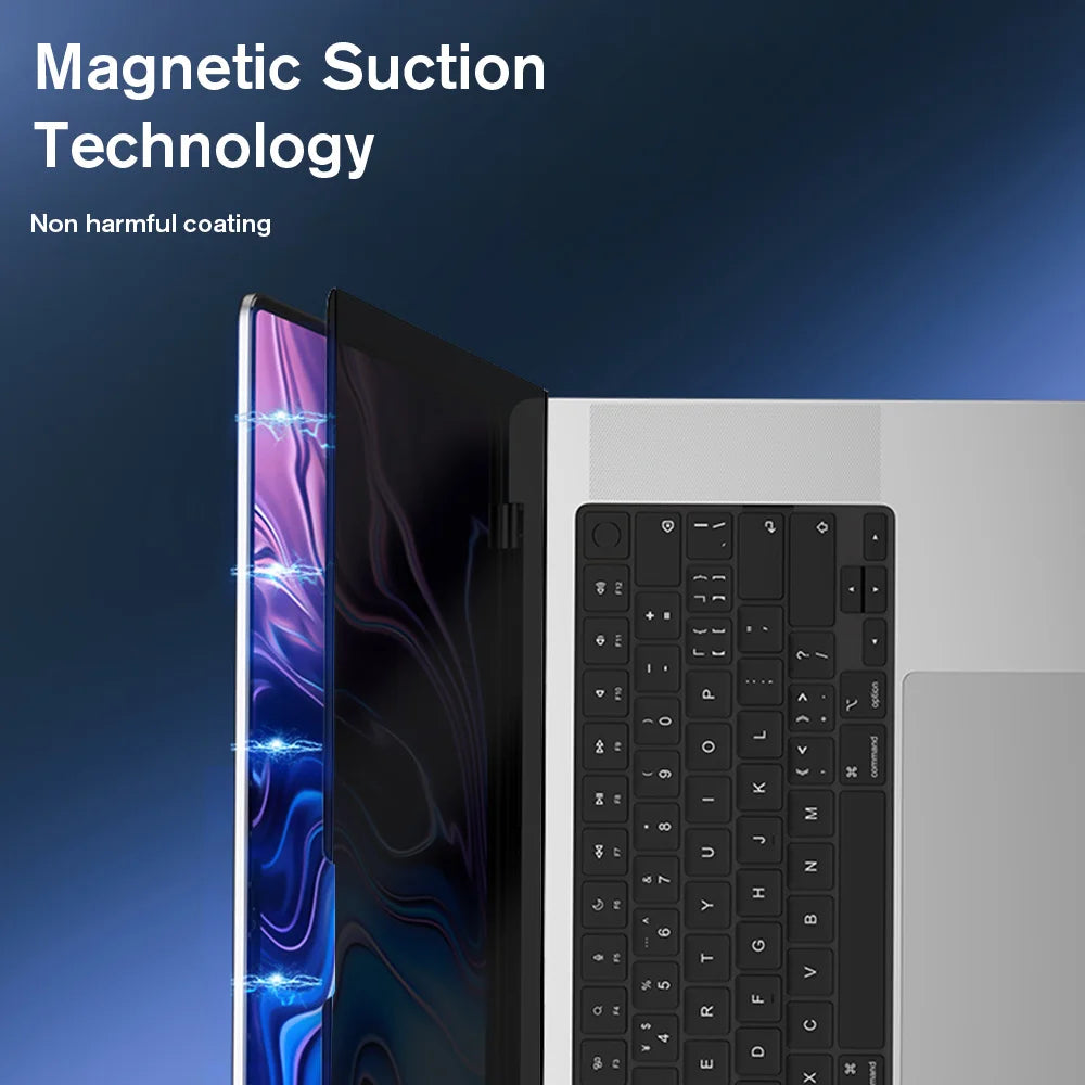 A close-up of a laptop screen showing a magnetic suction technology privacy coating on the display.