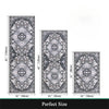 Three sizes of a patterned bohemian non-slip kitchen rug displayed side by side.