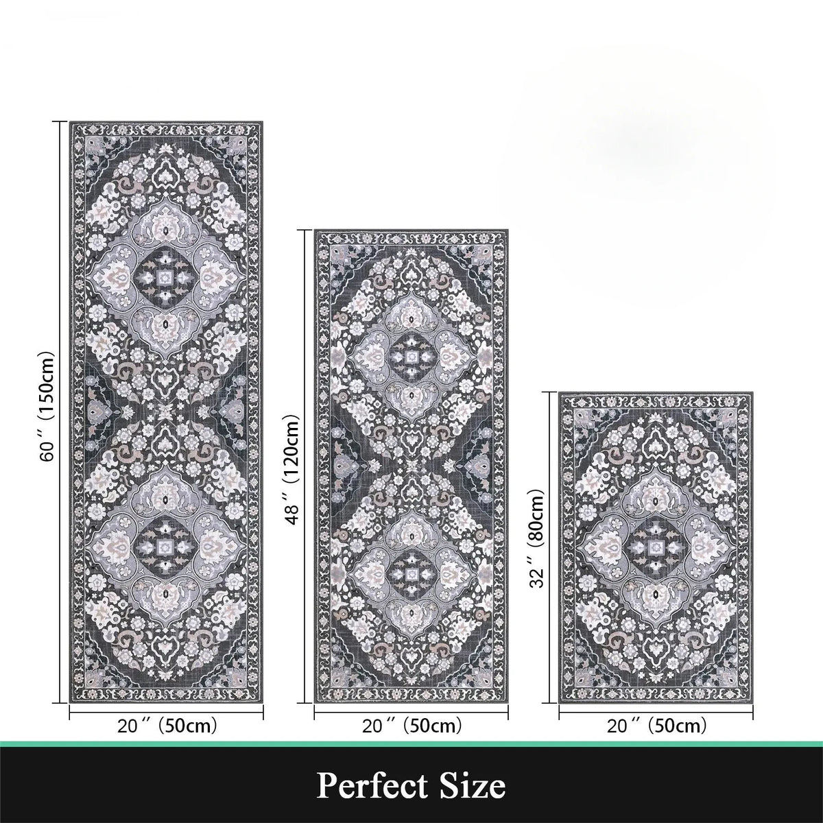Three sizes of a patterned bohemian non-slip kitchen rug displayed side by side.