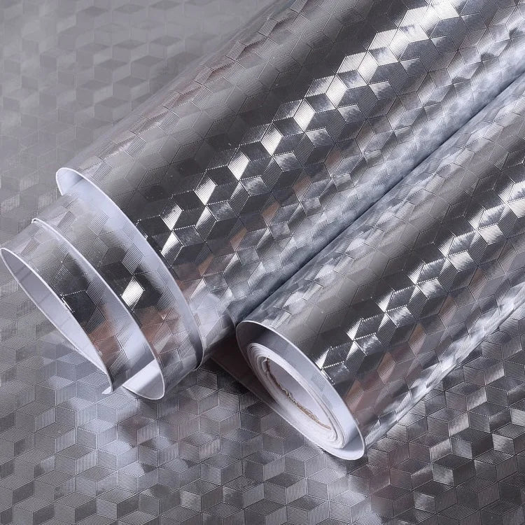 Roll of silver aluminum foil peel-and-stick kitchen backsplash wall sticker with a diamond pattern