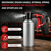 Silver aerosol spray can with an ergonomic design handle and trigger grip spraying a fine mist.