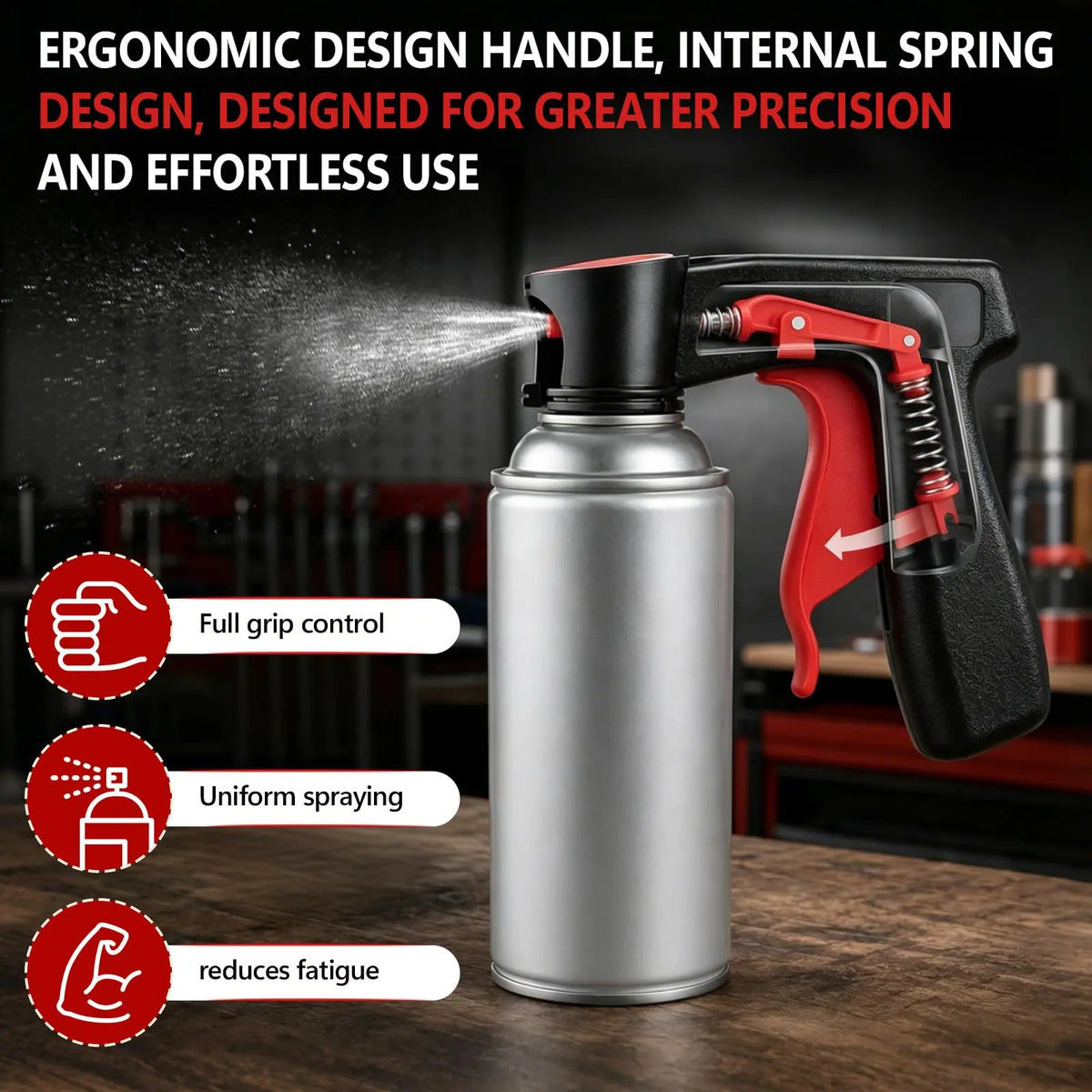 Silver aerosol spray can with an ergonomic design handle and trigger grip spraying a fine mist.