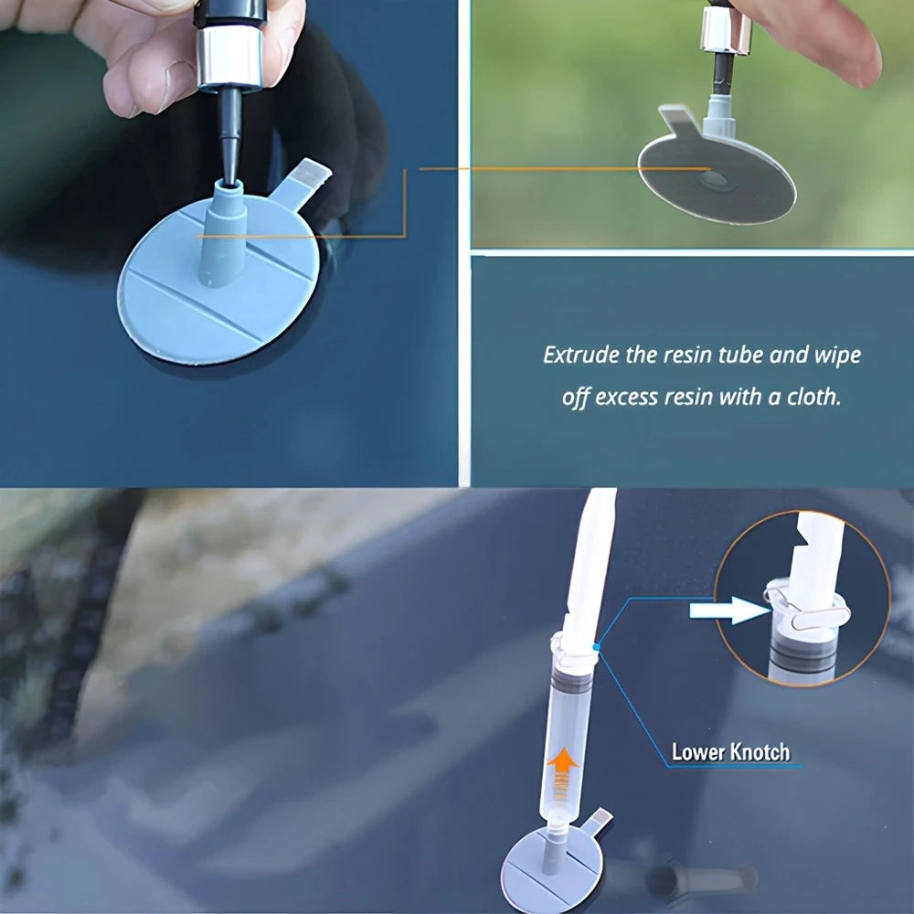 A hand holds a windshield repair kit with a resin tube and a silicone applicator for repairing cracks and scratches.