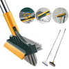 A yellow and black 3-in-1 rotating floor scrub brush with a long handle and various cleaning attachments.
