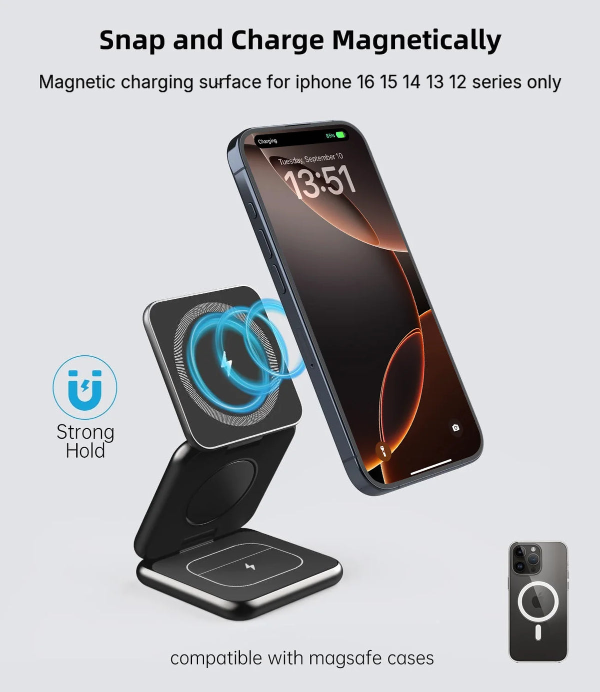 A magnetic charging surface for iPhone series phones shown with a folding stand and compatible cases.