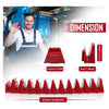 Red modular magnetic wrench organizer with various sized teeth and dimensions shown in a factory setting.