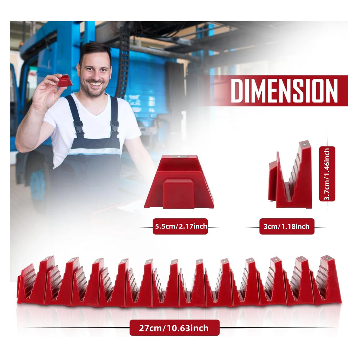 Red modular magnetic wrench organizer with various sized teeth and dimensions shown in a factory setting.