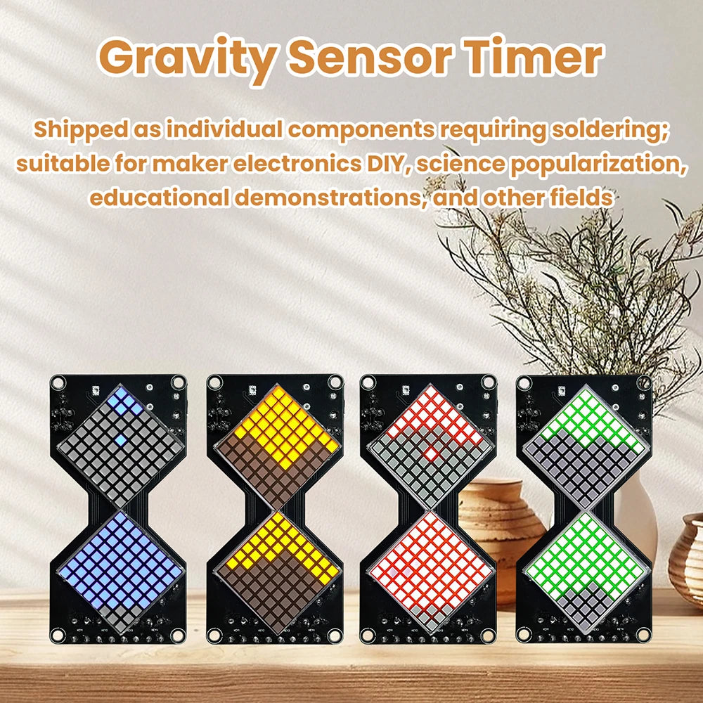 Four gravity sensor timer components with colored LED matrices arranged in an hourglass shape.