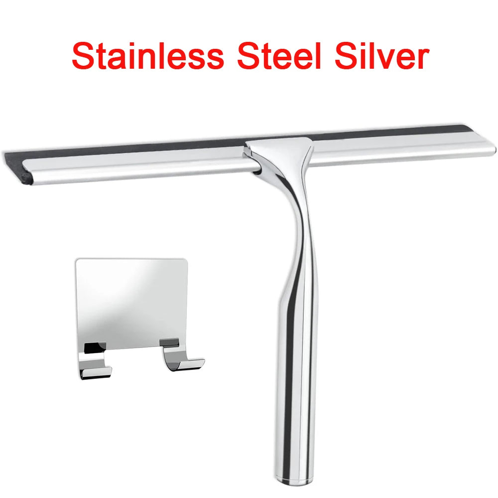 Stainless steel silver shower squeegee with a hanging hook.