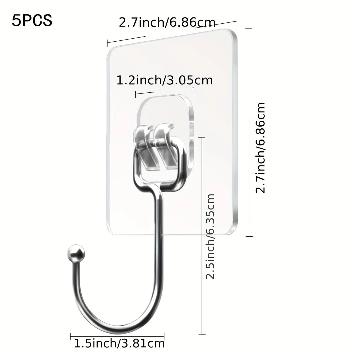 Five pieces of silver heavy duty adhesive hooks with curved arms shown against a white background.