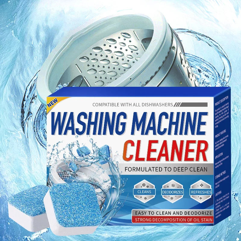 Box of washing machine cleaner tablets and a washing machine part with water splash background