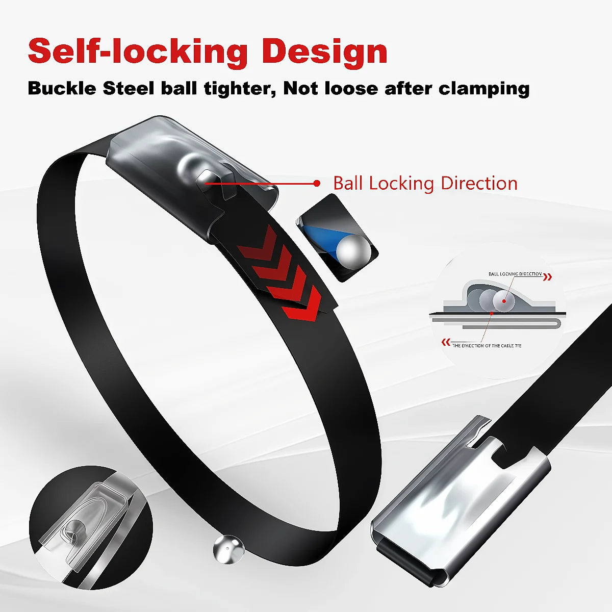 A black buckle steel ball tighter with a self-locking design shown in various angles.