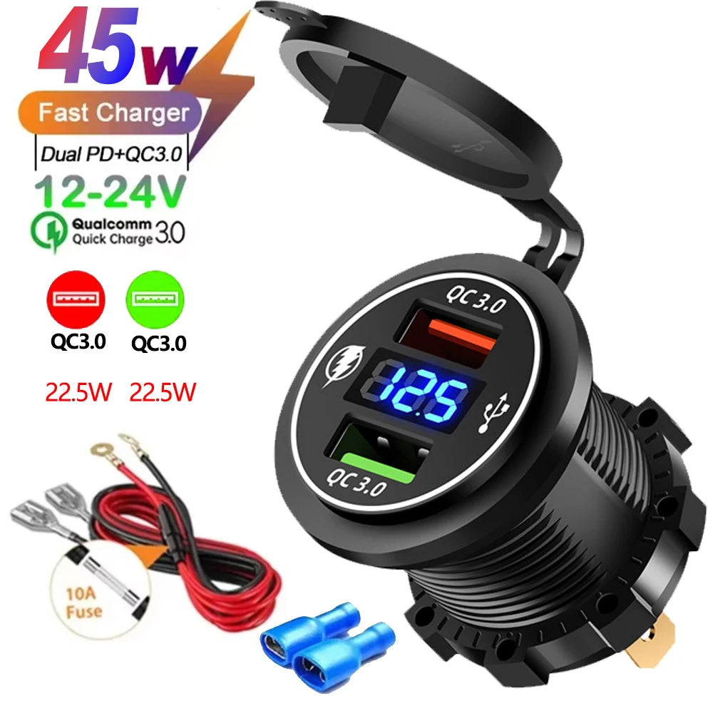 A black USB car charger with an LED display showing 12.5V and QC 3.0 output, along with a fuse and cables.