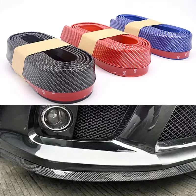 Three rolls of carbon fiber rubber anti-collision strips in red, orange, and blue are displayed next to a car bumper.