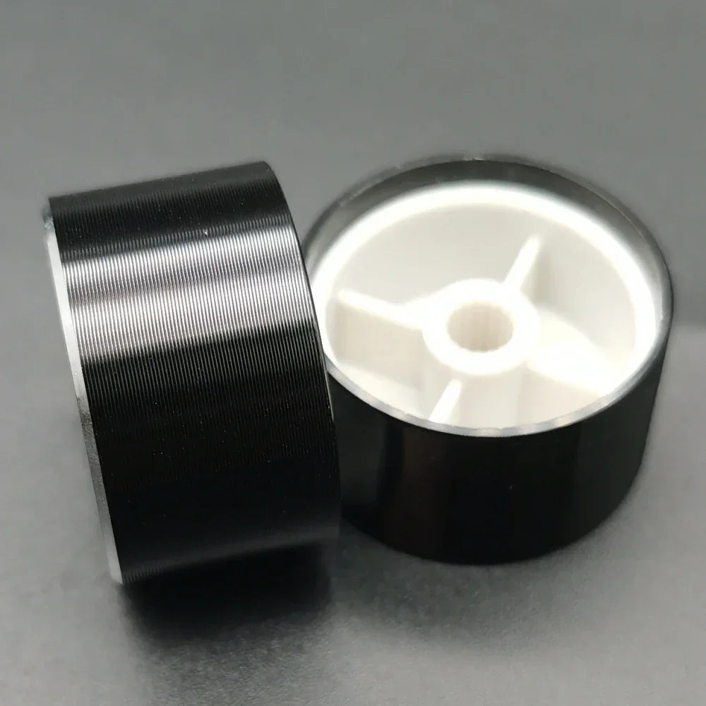 Black aluminum knob with knurling for 6mm shaft potentiometers and encoders