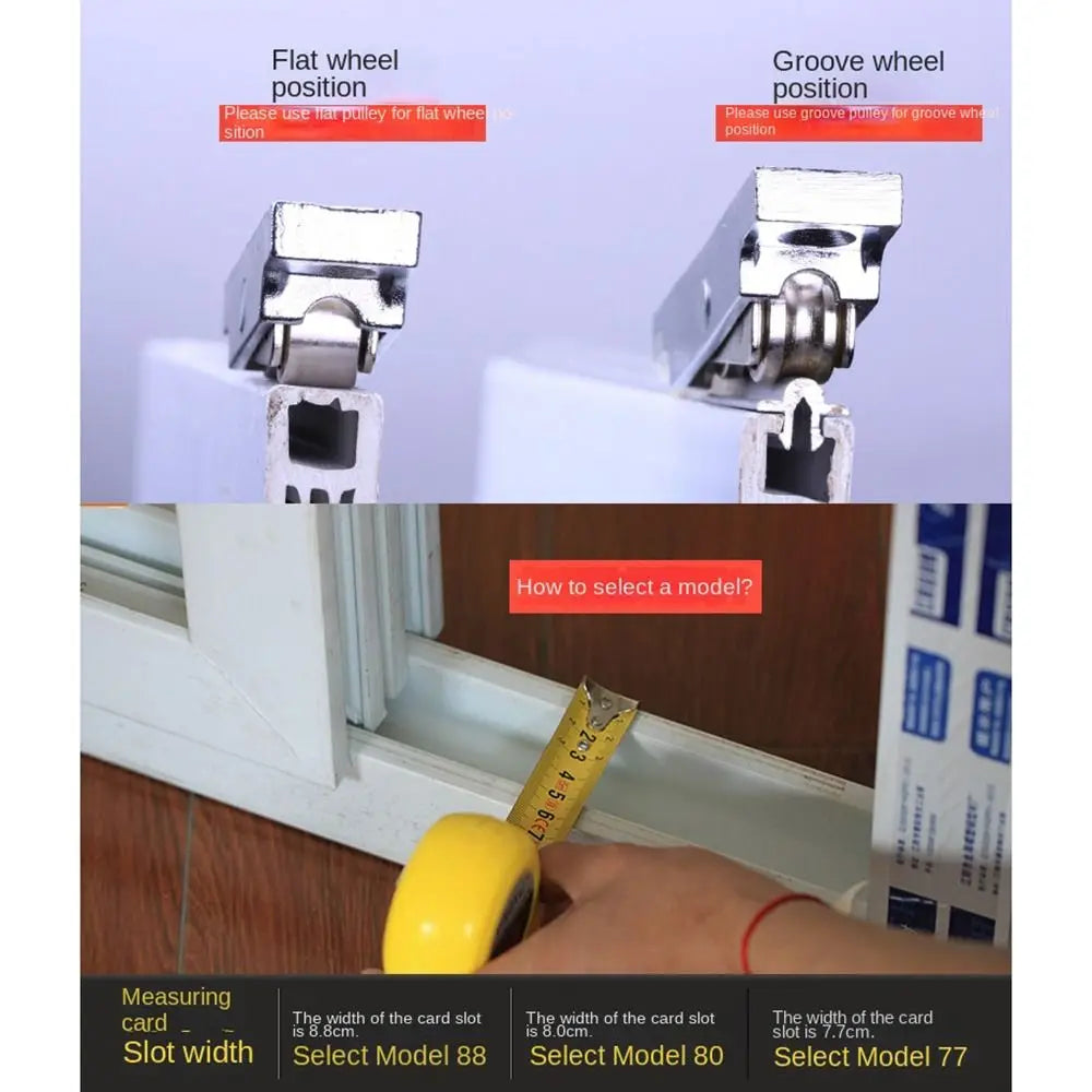 Stainless steel sliding door roller pulley models 77, 80, and 88 shown with measuring tape.