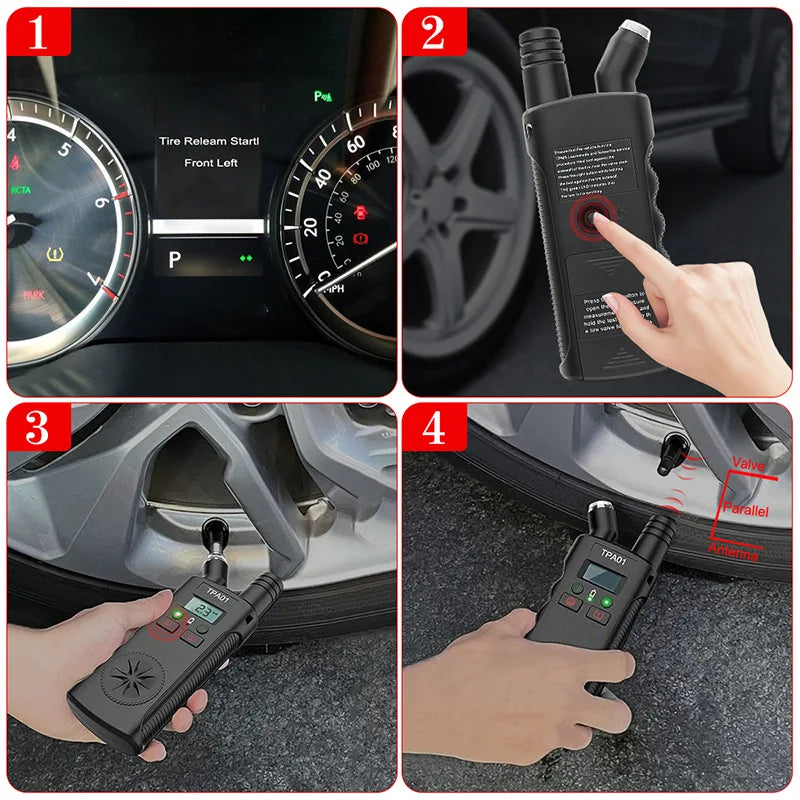 A four-panel image showing the use of a TPMS relearn tool to reset tire pressure and detect a valve.