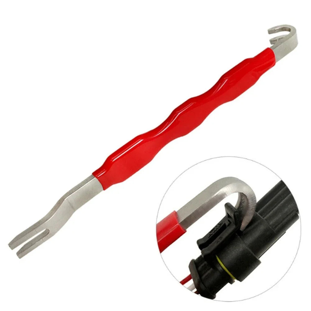 A red and silver automotive electrical terminal connector removal tool set with a specialized jaw.