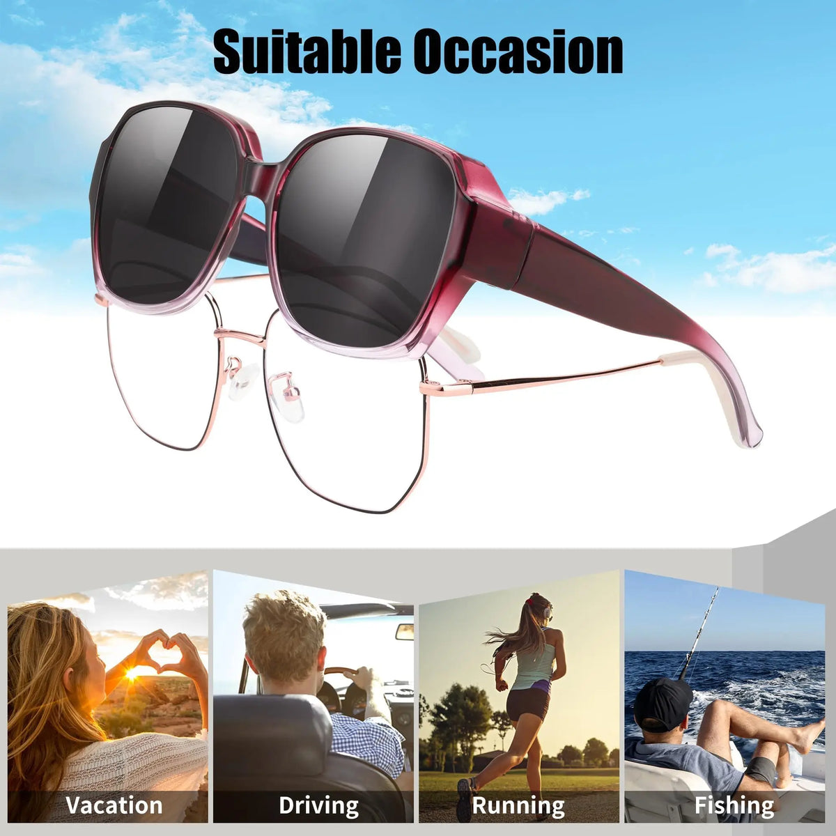 Gafas de sol cuadradas con marco rosa, mostradas en diversas actividades al aire libre como vacaciones, conducción, correr y 