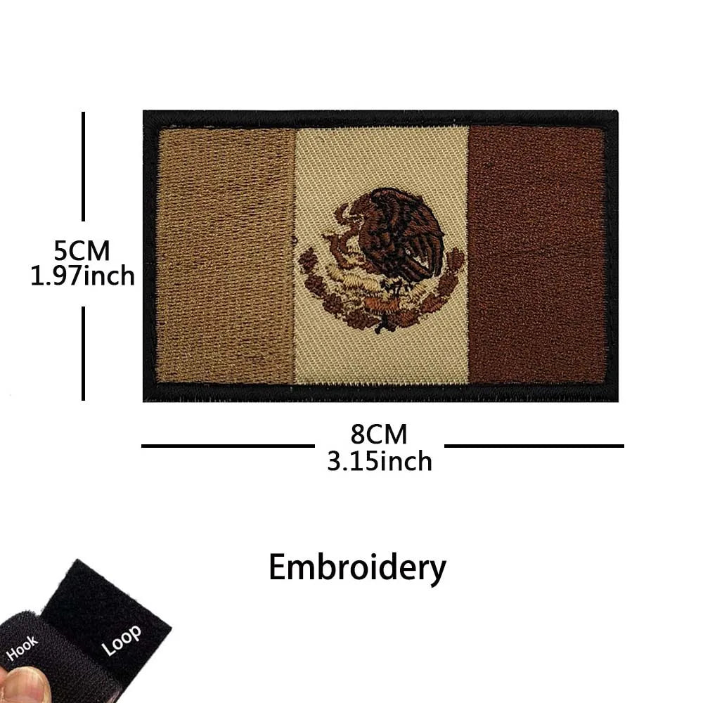 A rectangular embroidery patch featuring the Mexican flag design with an eagle, displayed against a black background.