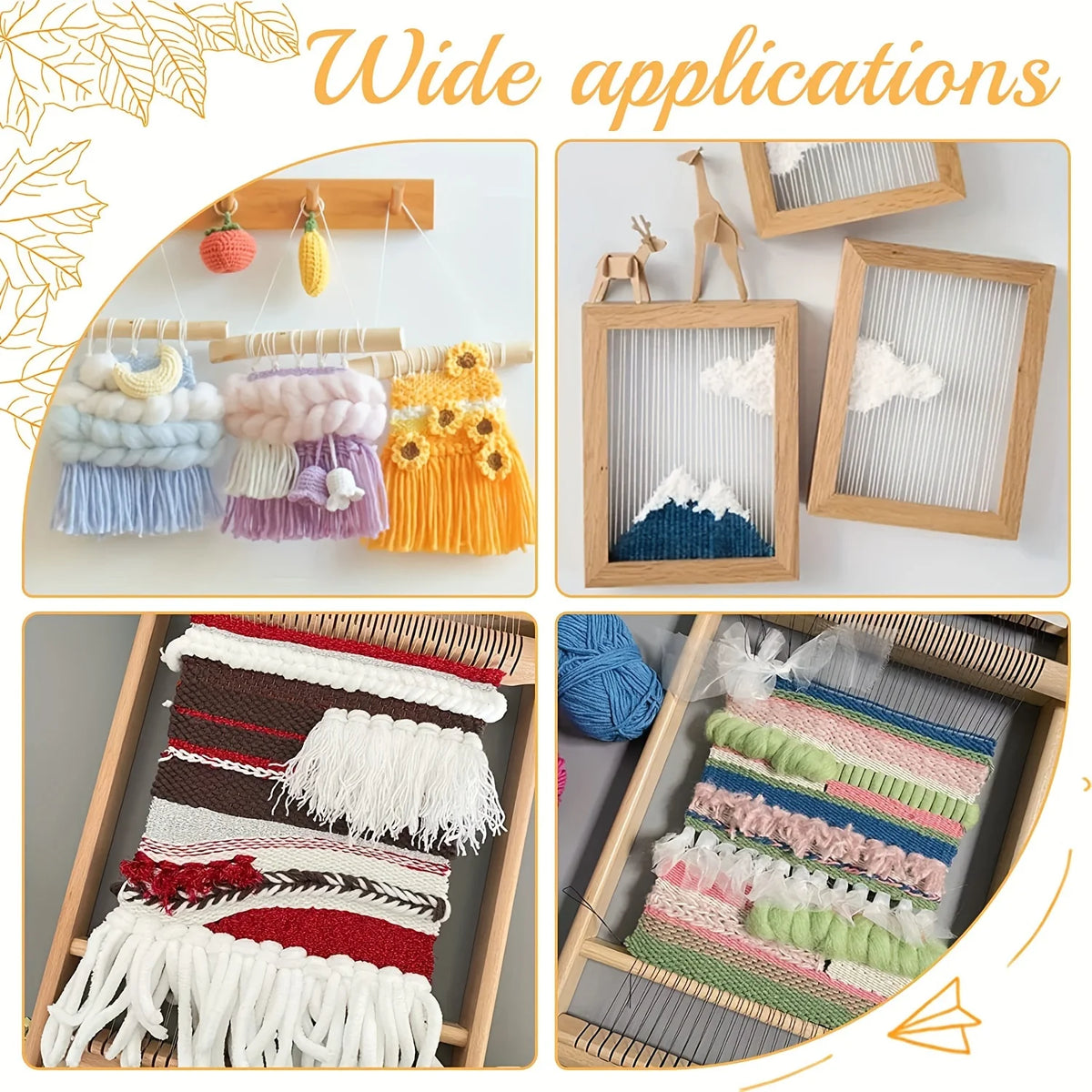 A collection of colorful yarn pom-poms and tassels displayed on a wooden weaving loom kit.