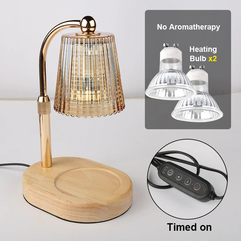 A brass and wood candle warmer lamp with a glass shade, showing options for heating bulbs and a timer function.