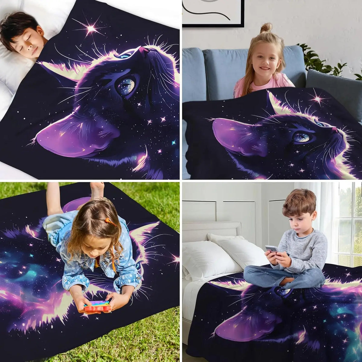 A collection of My Hero Academia themed blankets featuring a cat design and a child in a blanket.