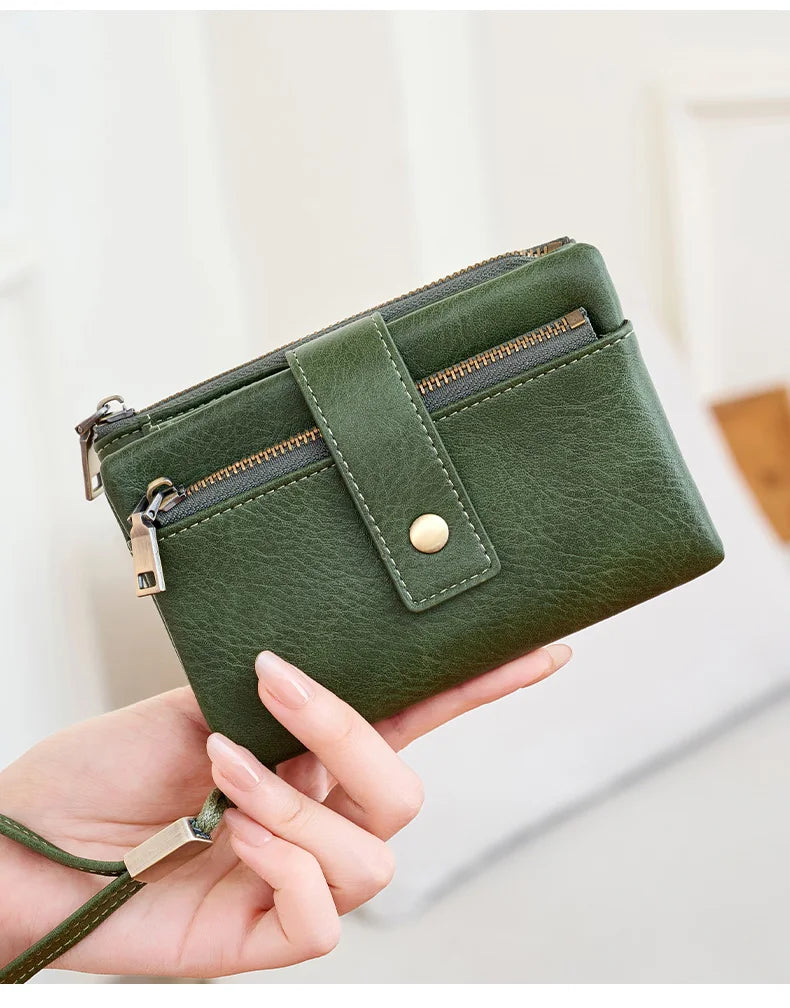 Vintage RFID-Blocking Triple-Fold Wallet with Double Zipper