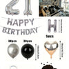 A kit featuring black and silver balloons, foil numbers, heart-shaped balloons, and a decorative balloon garland for birthday