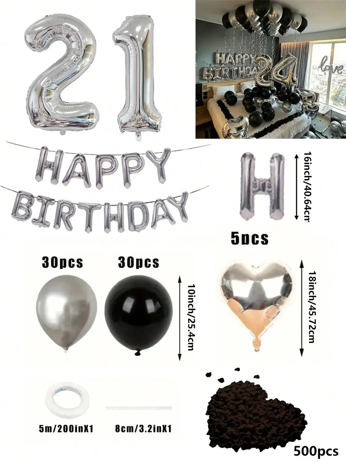 A kit featuring black and silver balloons, foil numbers, heart-shaped balloons, and a decorative balloon garland for birthday