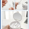 A portable denture case is shown with a cleaning brush and denture components inside, demonstrating storage and cleaning feat