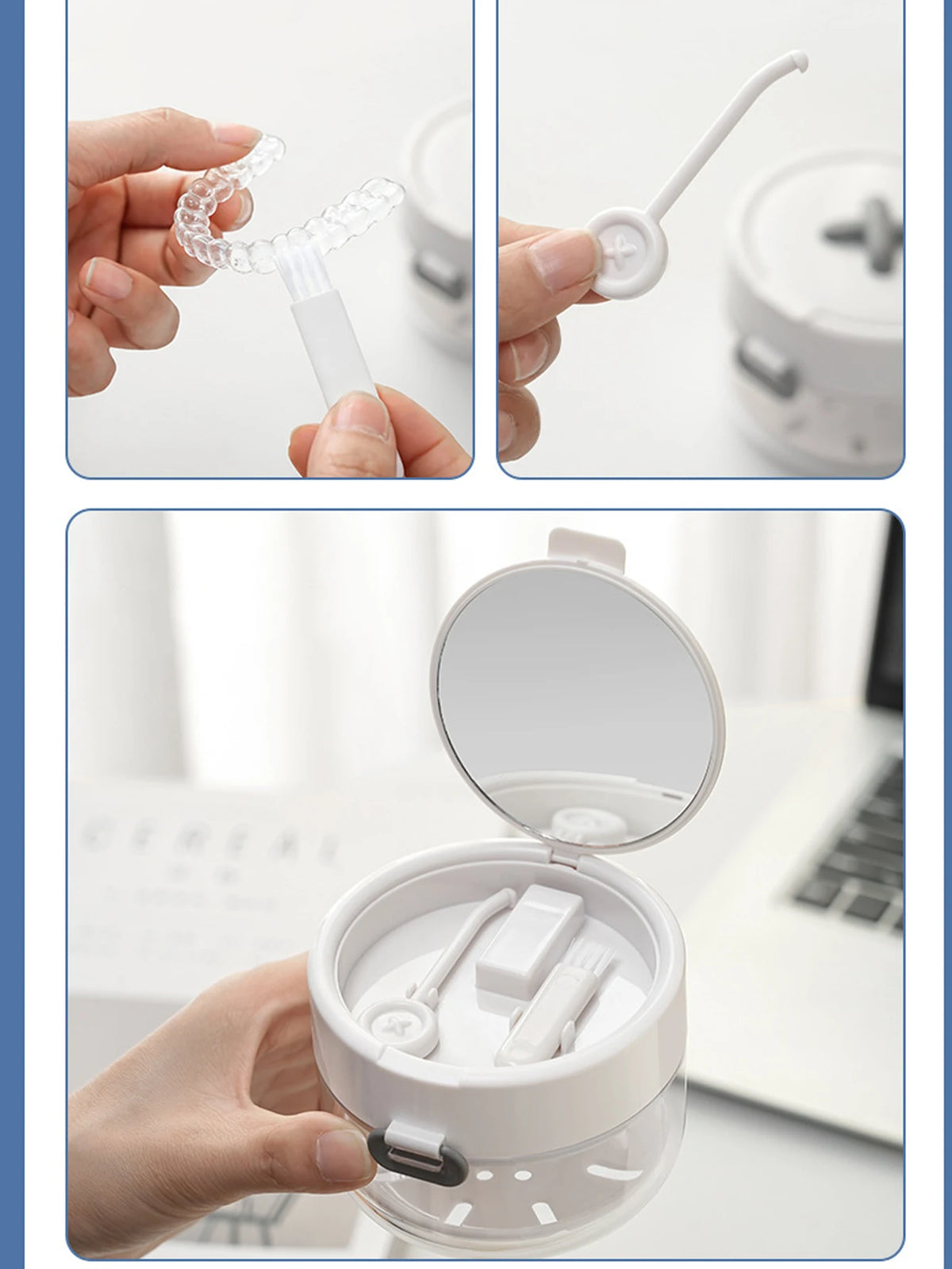 A portable denture case is shown with a cleaning brush and denture components inside, demonstrating storage and cleaning feat