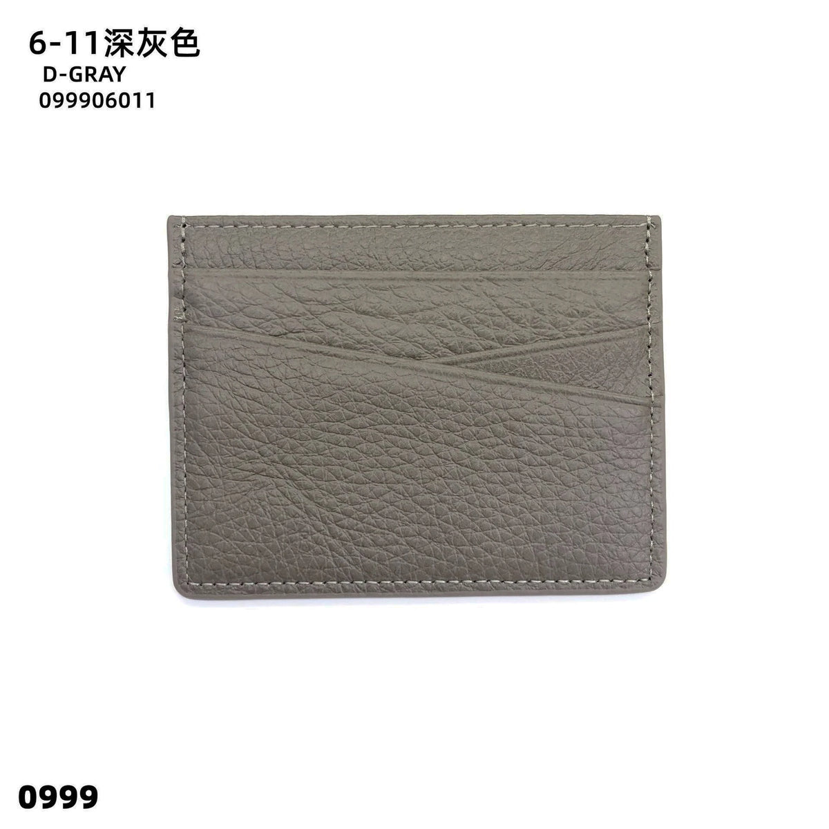 A gray genuine leather slim card holder wallet with a textured surface.