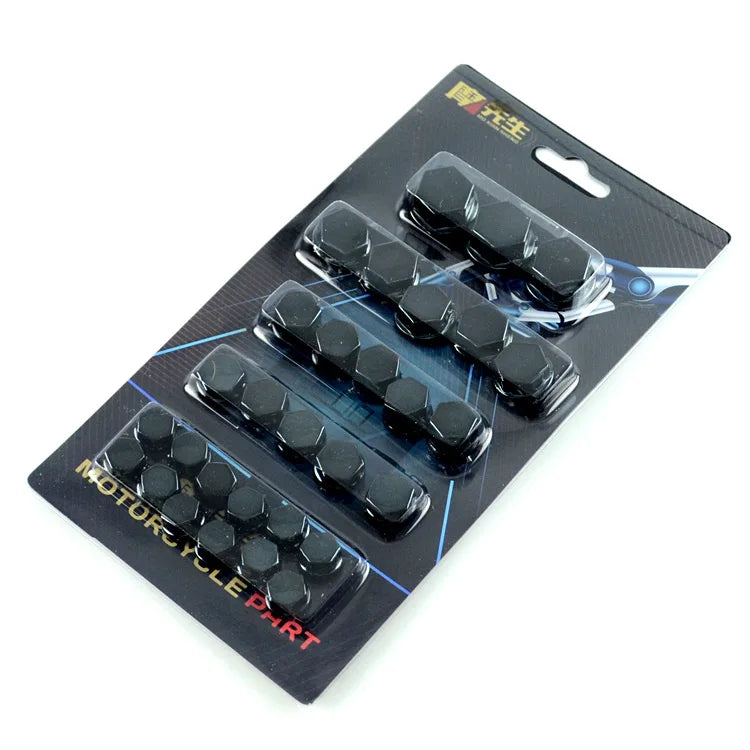 A black plastic package containing a set of 30 decorative bolt caps for motorcycle screws.