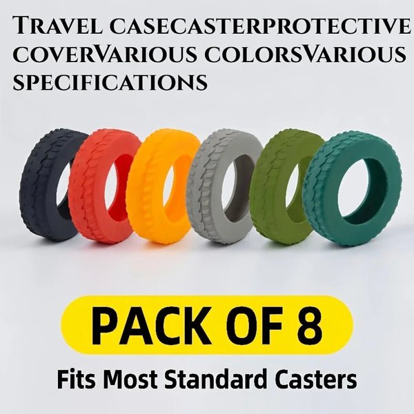 Pack of eight protective covers for various standard travel luggage casters in different colors.