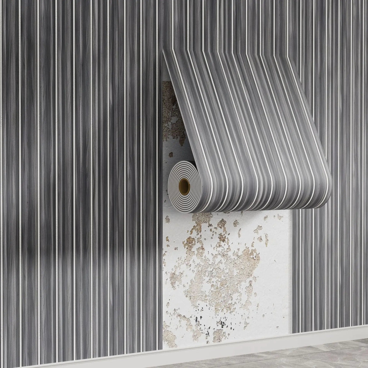 Vertical striped wallpaper sample showing a roll of wood grain peel-and-stick wall tiles mounted on a white wall.