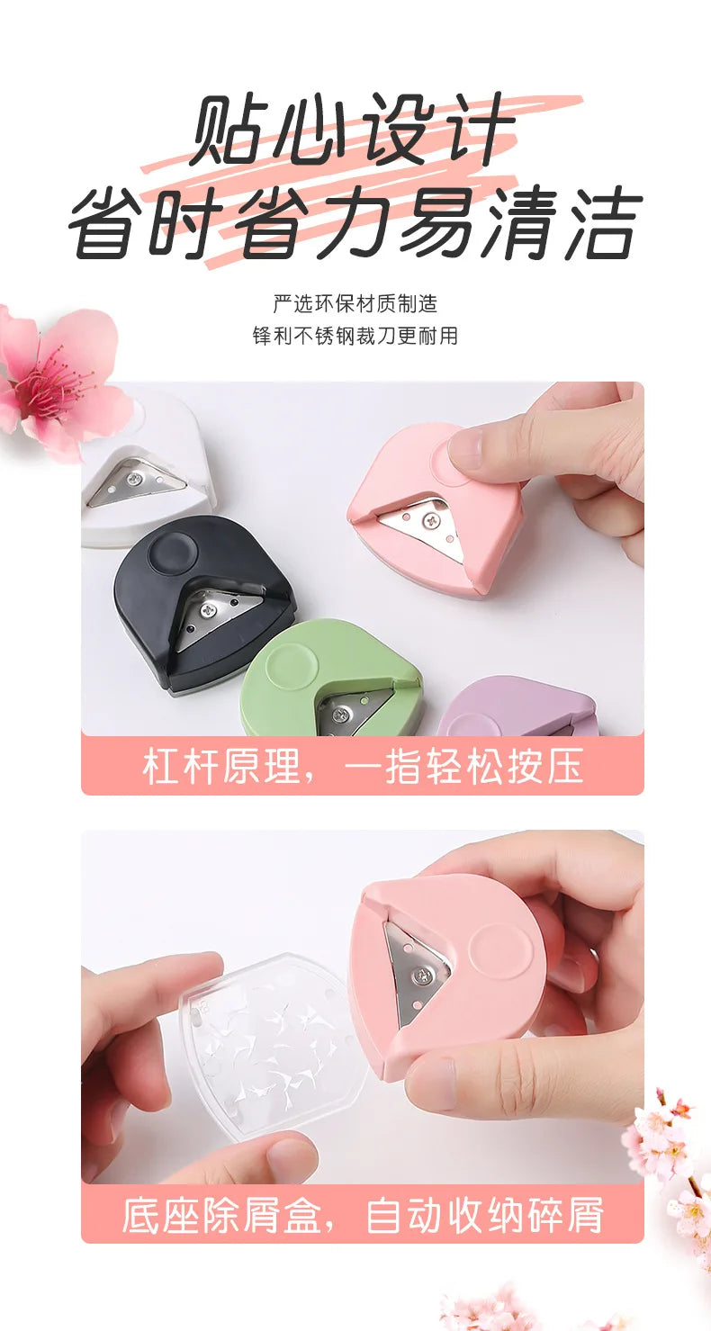 A set of pink and green paper corner rounder cutters for DIY crafts, showing the tools and a finished cut piece.