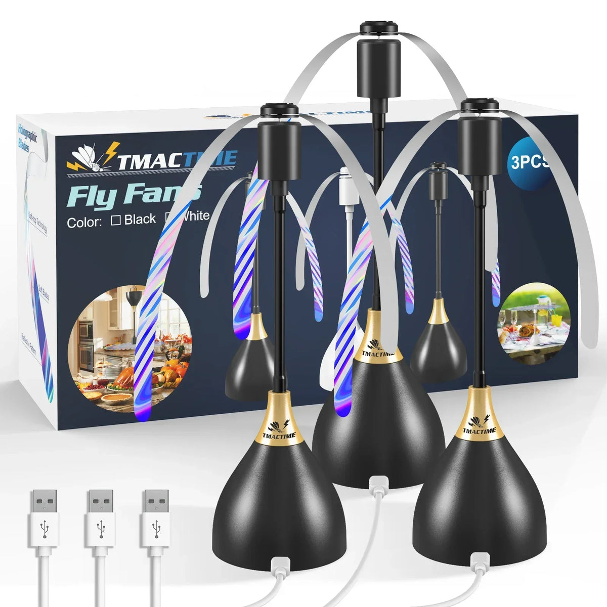 A box and several black portable quiet fly repellent fans with white and purple striped blades are shown.