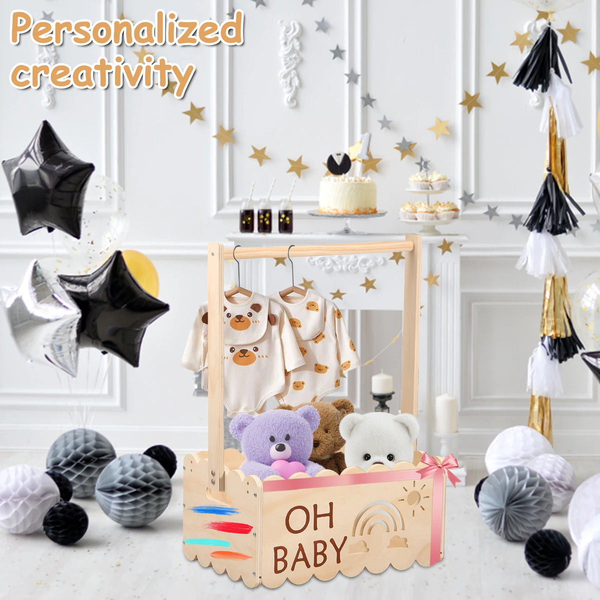 Rustic wooden baby shower crate with a handle decorated for a personalized creativity theme.